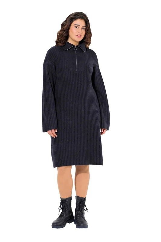 Ulla Popken Knitted Dress with Troyer Collar, Navy, 20-22