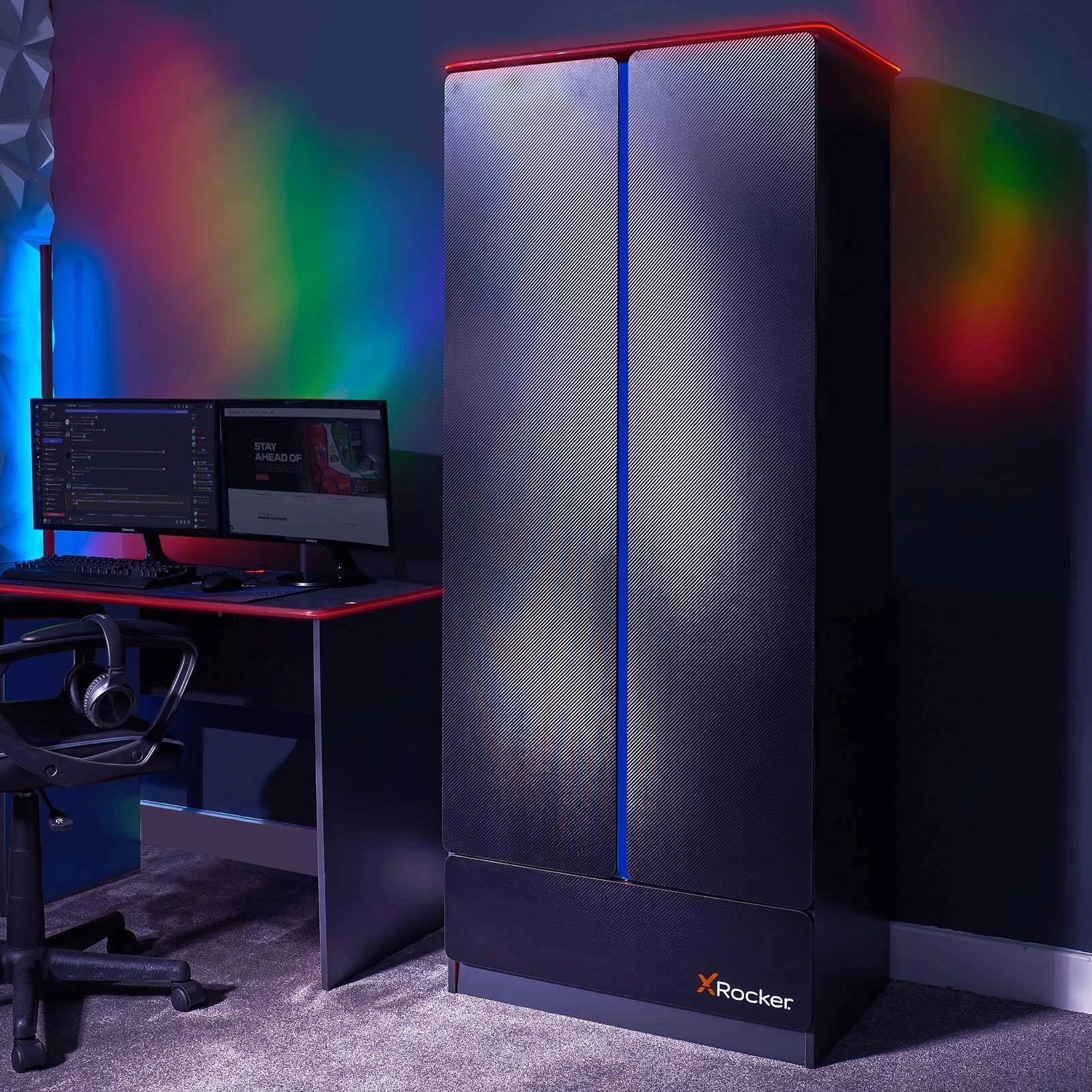 X Rocker Carbon-Tek 180cm x 80cm, RGB LED 2 Door Wardrobe - Neo Fibre Lighting, Clothes Hanging Rail, Storage Shelf, Bottom Drawer, Durable Wooden Frame for Kids & Teens - Grey & Blue