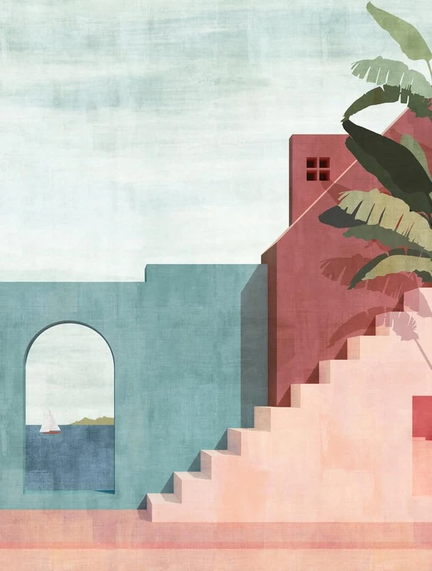 Livingwalls Photo Wallpaper 3D Effect in Blue, Red, Pink – High-Quality Non-Woven Wallpaper 398891 with Motif on 3.71 m x 2.80 m – Made in Germany