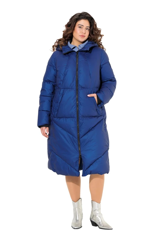 Ulla Popken Ladies Plus Size Plus Size Quilted Coat A-Line Hood Drawstring Wind Guard, Deep blue, 3XL