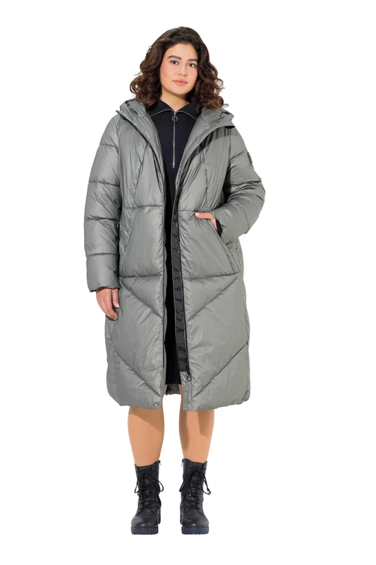 Ulla Popken Ladies Plus Size Plus Size Quilted Coat A-Line Hood Drawstring Wind Guard, Mid-Grey, 42