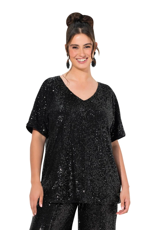 Ulla Popken Ladies Plus Size Plus Size Sequin Shirt Oversized V Neck Half Sleeve, Black, 16 UK/18 UK