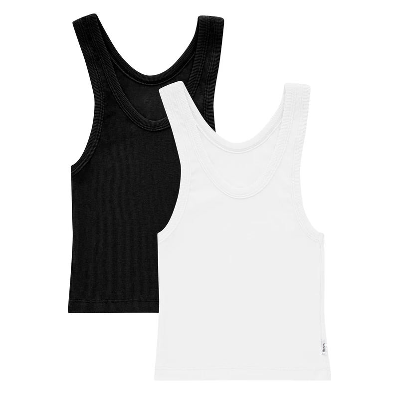 Hanes Women's Originals Rib Tank 2-Pack, Comfywear Stretch Cotton Cropped Top Pajama, White/Black, XS (Pack of 2)