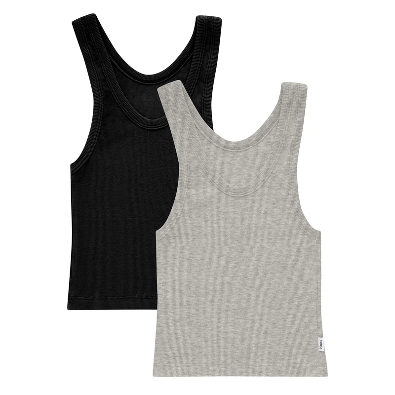 Hanes Women's Originals Rib Tank 2-Pack, Comfywear Stretch Cotton Cropped Top Pajama, Heather Grey Marle/Black, L (Pack of 2)