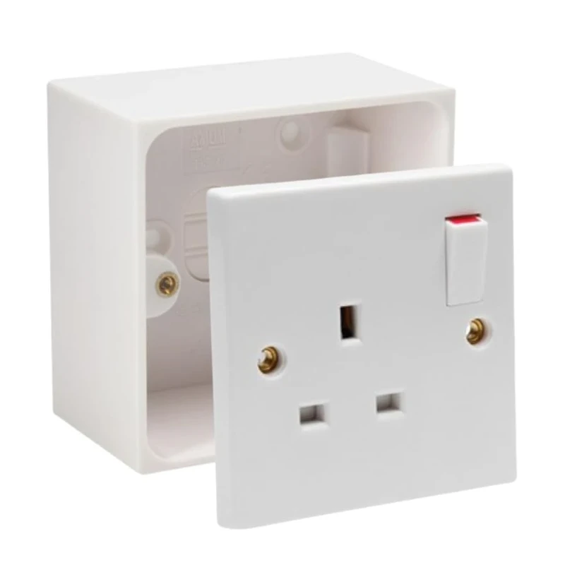 Single Switched Socket 1Gang 13Amps White Electrical Outlet - Compatible with Single 25/35/45mm Pattress Back Box Surface Mounted 1 Gang (5, SET with 45mm Box)