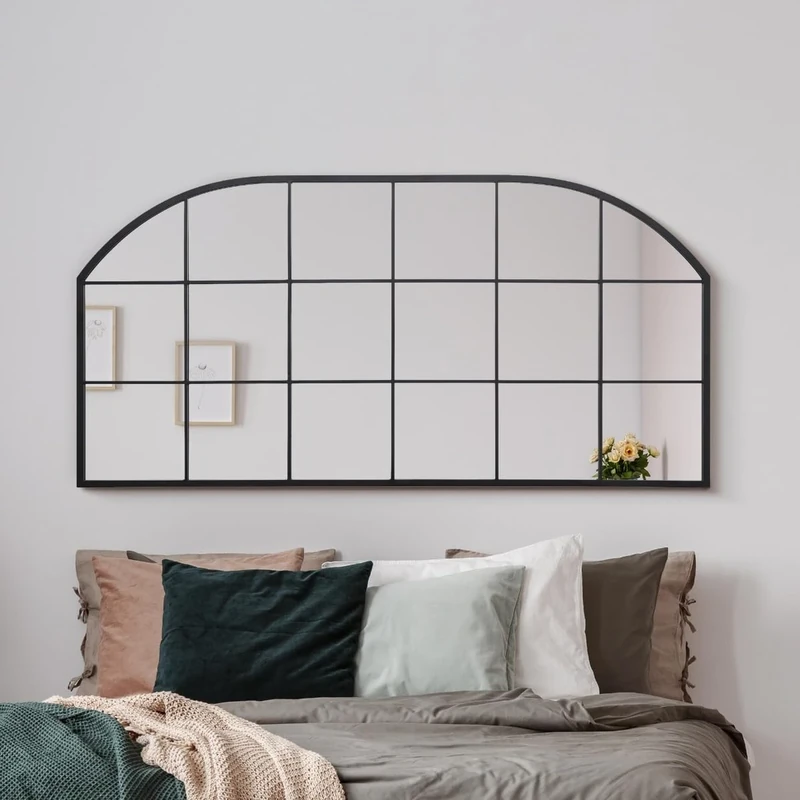 Elegant Black Arched Wall Mirror | Large 180 x 90cm Framed Oversized Mirror | Modern Arch Design for Living Room, 174 x85