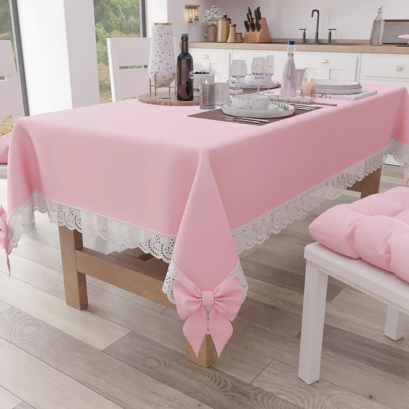 PETTI Artigiani Italiani - Tablecloth, Table Cloth, Rectangular Kitchen Tablecloth with Sangallo Lace and Bows, Plain Cotton Table Cover, 12 Seater (140 x 240 cm) Pink