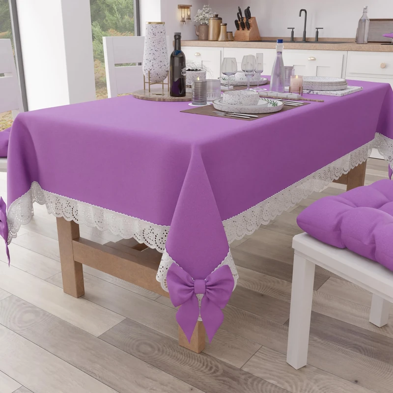 PETTI Artigiani Italiani - Tablecloth, Table Cloth, Rectangular Kitchen Tablecloth with Sangallo Lace and Bows, Plain Cotton Table Cover, 12 Seater (140 x 240 cm) Lilac