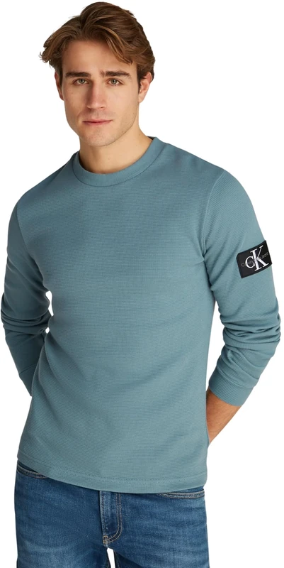 Calvin Klein Men’s Badge Cotton Waffle Long Sleeve Top, Turquoise (Trooper), 3XL