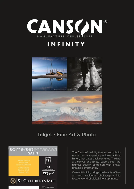 Canson Infinity Somerset Enhanced Satin White, Digital Photo Paper, Plain, 225, 83, Box, A4-21 x 29.7 cm, Printed Cardboard Box, White, 25 Sheets