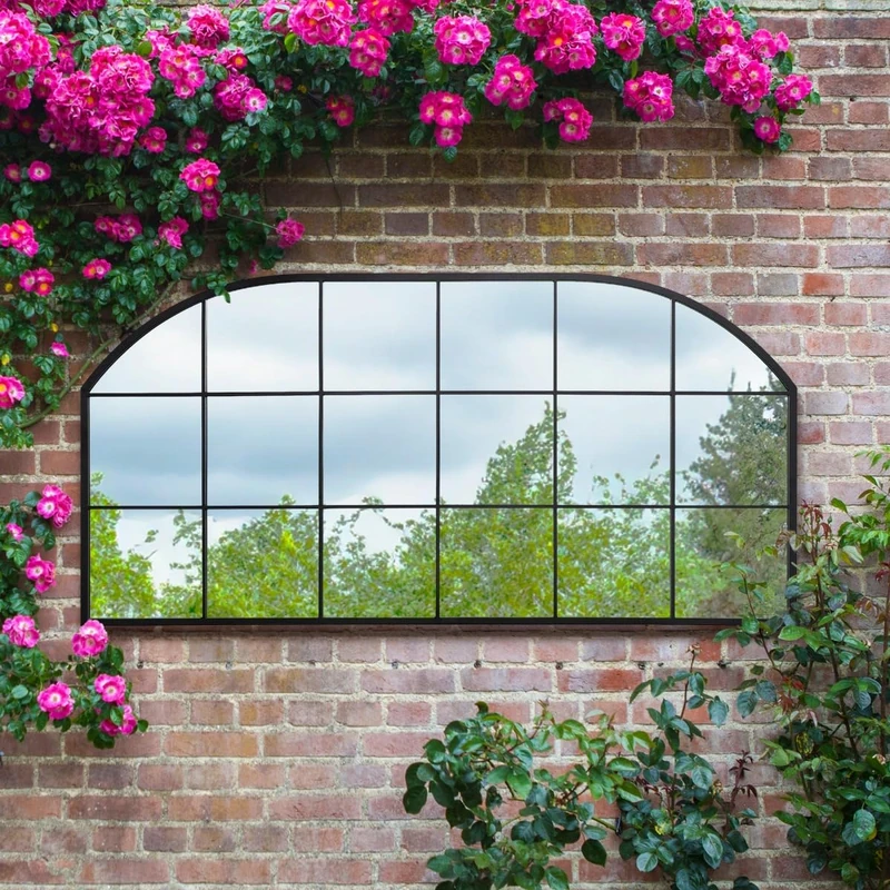 The Arcus - Black Metal Framed Window Arched Garden Wall or Fence Mirror 69" X 33" (174CM X 85CM)