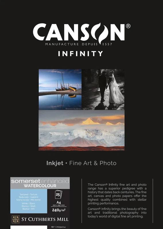 Canson Infinity Somerset Enhanced Watercolour White, Digital Photo Paper, Textured, 240, 89, Box, A4-21 x 29.7 cm, Printed Cardboard Box, White, 25 Sheets - Image 1