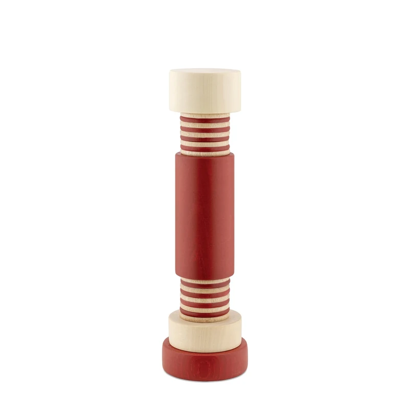 Alessi Twergi MP0215 1 - Salt, Pepper, and Spice Grinder, in Beech Wood, Cylindrical Body in Colored Beech Wood with Matte Finish, Ceramic Grinder, Natural and Red