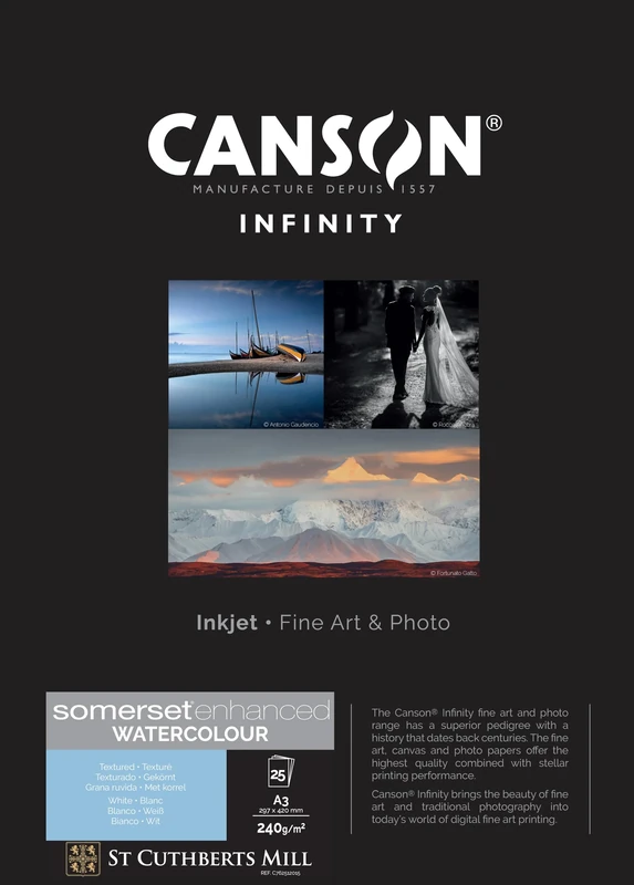 Canson Infinity Somerset Enhanced Watercolour White Digital Photo Paper 240gsm Grain Natural White Box A3 29.7 x 42 cm 25 Sheets
