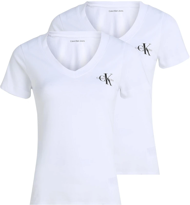 Calvin Klein Women’s 2 Pack Monologo Short Sleeve V-Neck T-Shirt, White (Brilliant White/Brilliant White), XXS