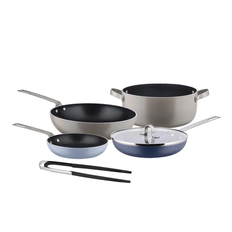 Alessi Tama GIA100S5 - Six-Piece Cookware Set, in Aluminum with Non-Stick Coating and 18/10 Stainless Steel