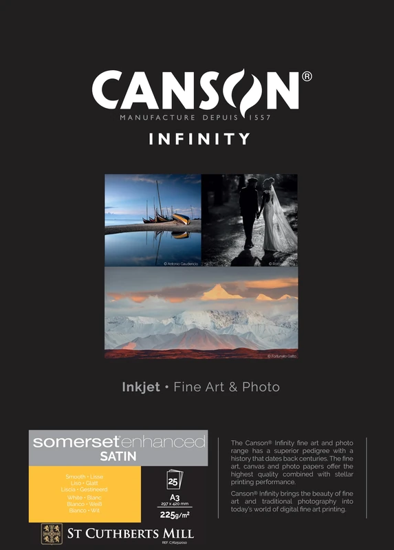 Canson Infinity Somerset Enhanced Satin White, Digital Photo Paper, Plain, 225, 83, Box, A3-29.7 x 42c m, Printed Cardboard Box, White, 25 Sheets