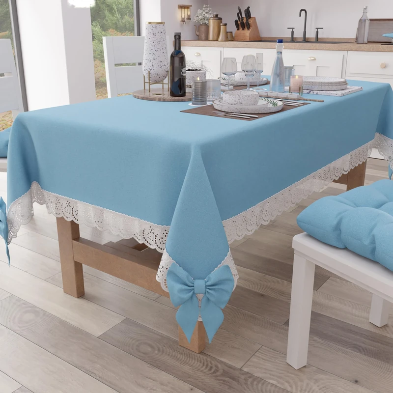 PETTI Artigiani Italiani - Tablecloth, Table Cloth, Rectangular Kitchen Tablecloth with Sangallo Lace and Bows, Plain Cotton Table Cover, 12 Seater (140 x 240 cm) Light Blue