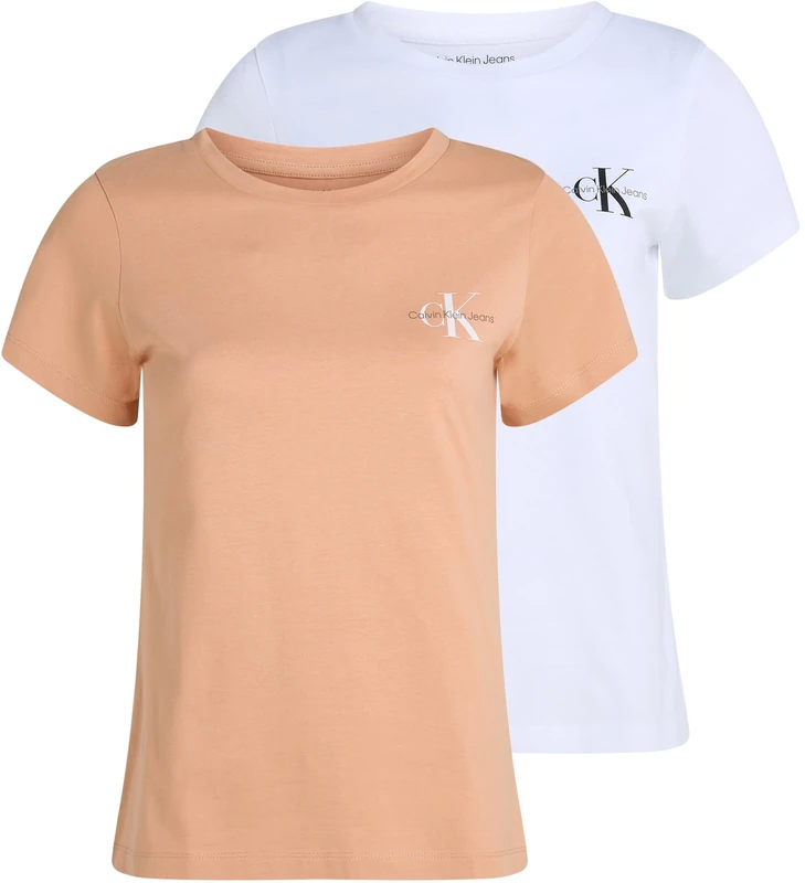 Calvin Klein Women’s 2 Pack Monologo Short Sleeve Slim Fit T-Shirts, Multicolor (Dusty Coral/Brilliant White), XXS