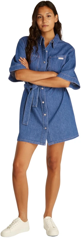Calvin Klein Women’s Linen Denim Boxy Belted Shirt Dress, Blue (Denim Medium), 3XL