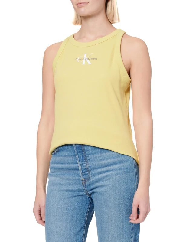 Calvin Klein CK Jeans Women's MONOLOGO Rib Tank TOP J20J225301, Green (Muted Lime), XS