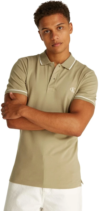 Calvin Klein Men’s Tipping Slim Fit Short Sleeve Polo Shirt, Beige (Tree House), XXL
