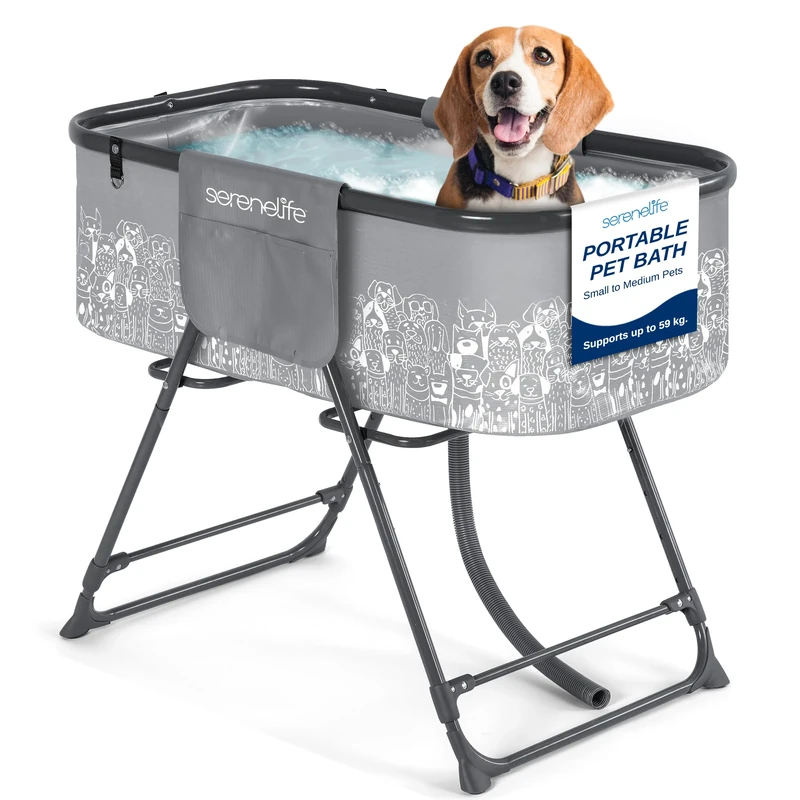 SereneLife Portable Dog Bath Tub, Foldable Grooming Dog Washing Station, Large Puppy Bath with Adjustable Height, Drain Hose & Storage Pockets, 59Kg Capacity for Indoor/Outdoor Use (Gray)