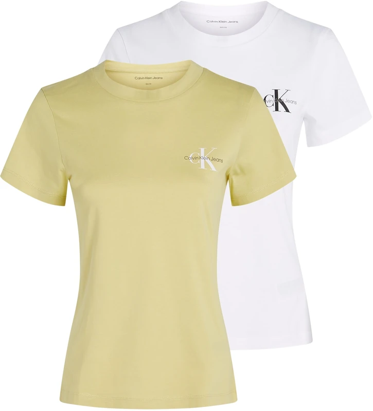 Calvin Klein Women’s 2 Pack Monologo Short Sleeve Slim Fit T-Shirts, Multicolor (Muted Lime/Brilliant White), XL