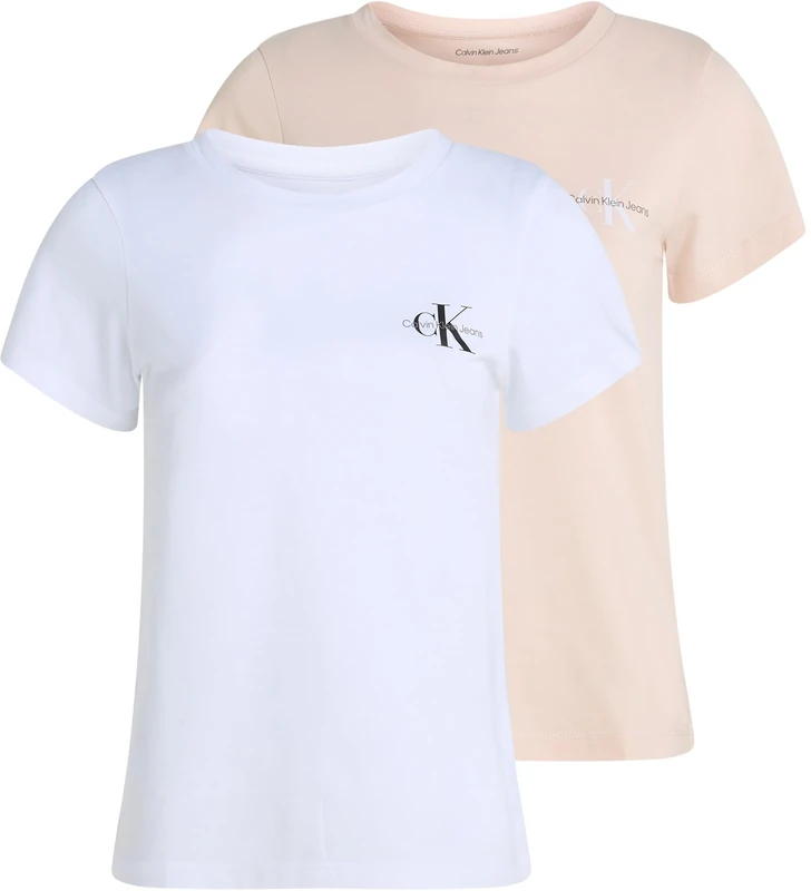 Calvin Klein Women’s 2 Pack Monologo Short Sleeve Slim Fit T-Shirts, Multicolor (Silver Peony/Brilliant White), XS