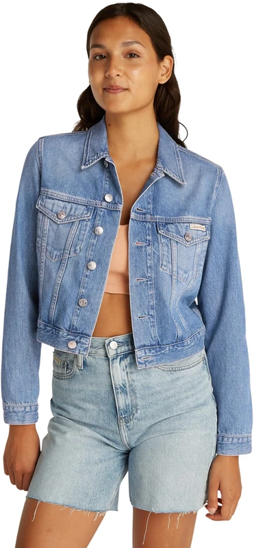 Calvin Klein Women’s 90s Cropped Denim Trucker Jacket with Chest Pockets, Blue (Denim Light), L