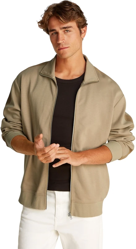 Calvin Klein Men’s Tape Zip Through Sweatshirt with Logo, Beige (Tree House), L