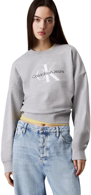 Calvin Klein Women’s Round Neck Monologo French Terry Sweatshirt, Grey (Heroic Grey Heather), M