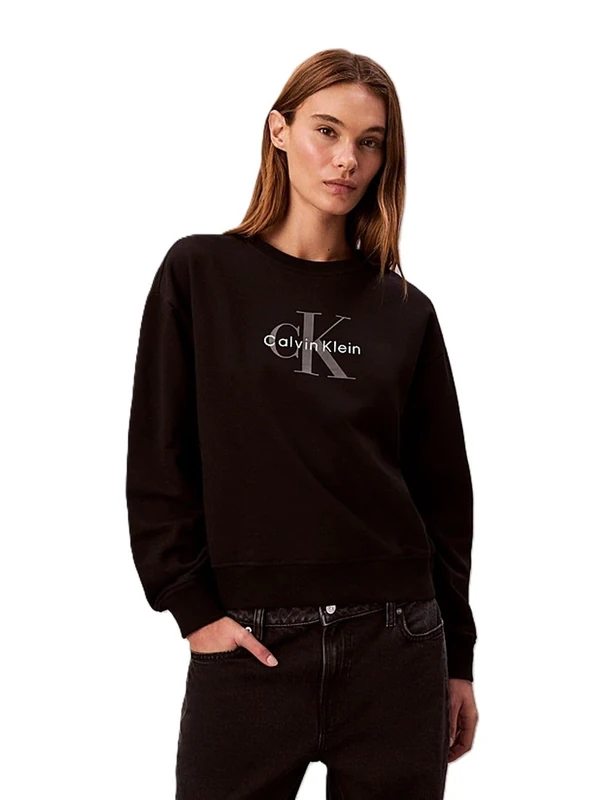 Calvin Klein Women’s Round Neck Monologo French Terry Sweatshirt, Black (Black), XXS