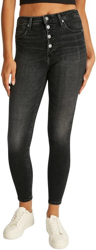 Calvin Klein Women’s High Rise Super Skinny Ankle Grazer Jeans with Button Placket, Black (Denim Black), 34W