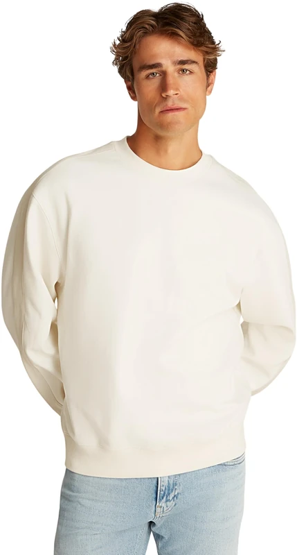 Calvin Klein Men’s Crew Neck Logo Tape Relaxed Fit Sweatshirt, Beige (Tofu), XXS