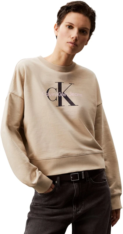 Calvin Klein Women’s Round Neck Monologo French Terry Sweatshirt, Beige (White Pepper), M