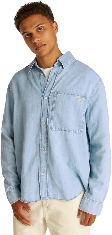 Calvin Klein Men’s Regular Linear Denim Shirt with Chest Pocket, Blue (Denim Light), S - Image 1