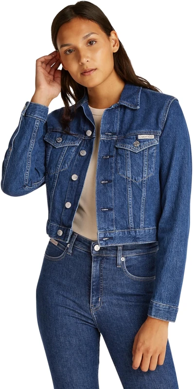 Calvin Klein Women’s 90s Cropped Denim Trucker Jacket with Chest Pockets, Blue (Denim Medium), M