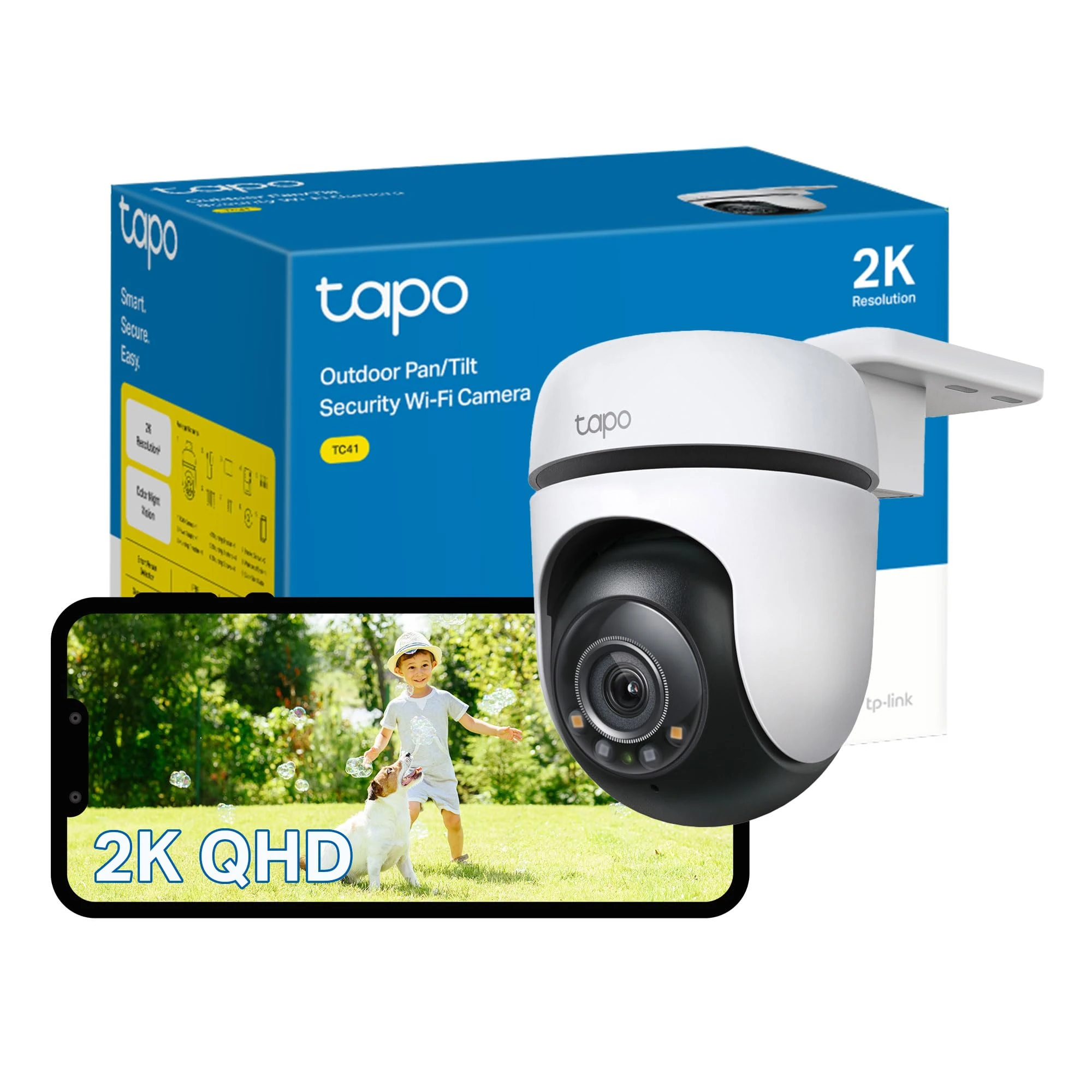 Tapo TC41 2K Pan/Tilt Outdoor Security Camera, WiFi Camera, 360° Smart Person Detection Motion Tracking, Full-Colour Night Vision, No Monthly Fee, Two-Way Talk, IP65, Works with Alexa & Google