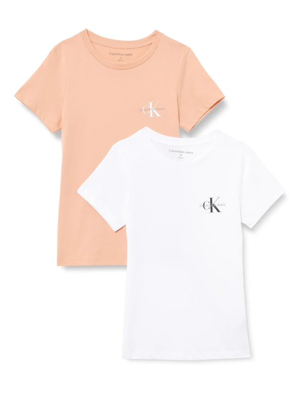 Calvin Klein Women’s 2 Pack Monologo Short Sleeve Slim Fit T-Shirts, Multicolor (Dusty Coral/Brilliant White), XS