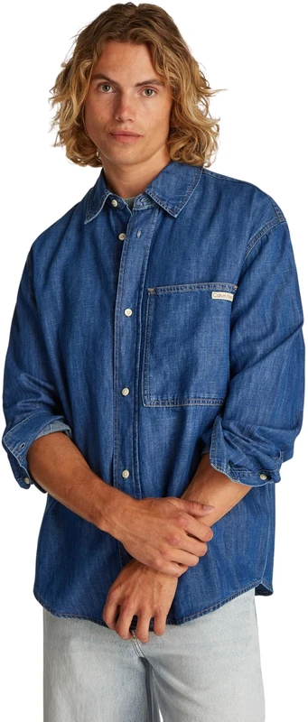 Calvin Klein Men’s Regular Fit Linear Denim Shirt, Blue (Denim Medium), L