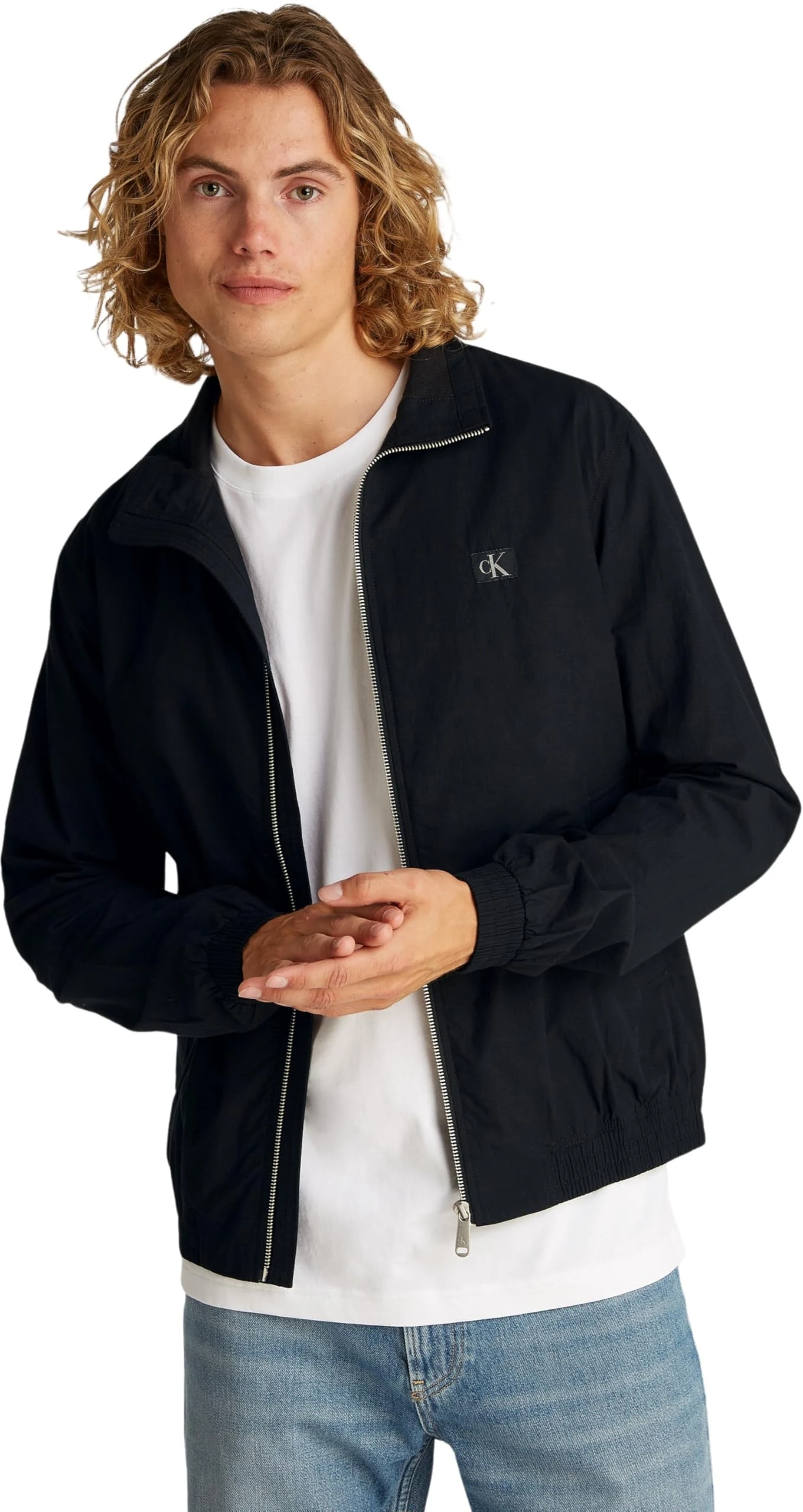 Calvin Klein Men’s Lightweight Crisp Cotton Harrington Windbreaker, Black (Ck Black), L