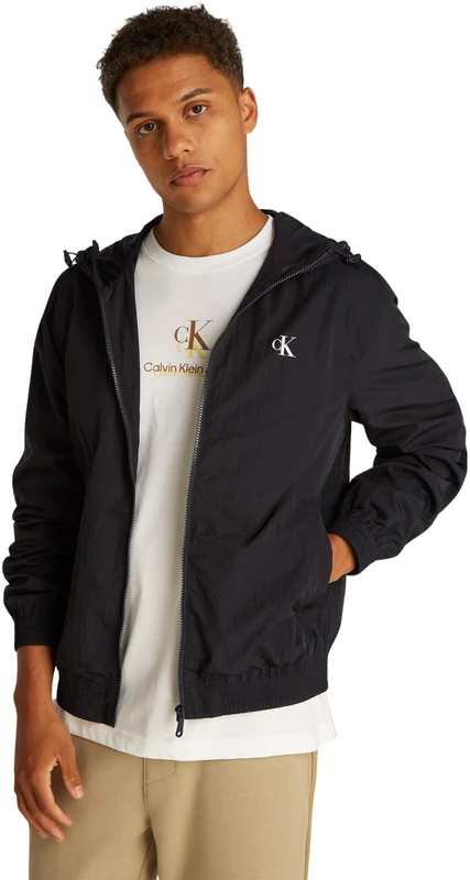 Calvin Klein Men’s Lightweight Nylon Windbreaker with Hood, Black (Ck Black), S