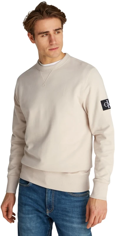 Calvin Klein Men’s Crew Neck Badge Cotton Sweatshirt, Beige (Oatmeal), XS