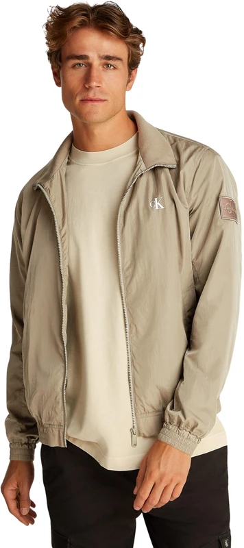 Calvin Klein Men’s Unpadded Harrington Windbreaker with Stand Collar, Beige (Stone Gray), L