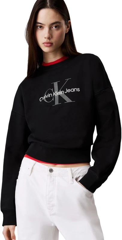 Calvin Klein Women’s Round Neck Monologo French Terry Sweatshirt, Black (Black), L