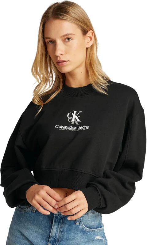 Calvin Klein Women’s Crew Neck Shadow Graphic Cropped Sweatshirt, Black (Ck Black), XXS
