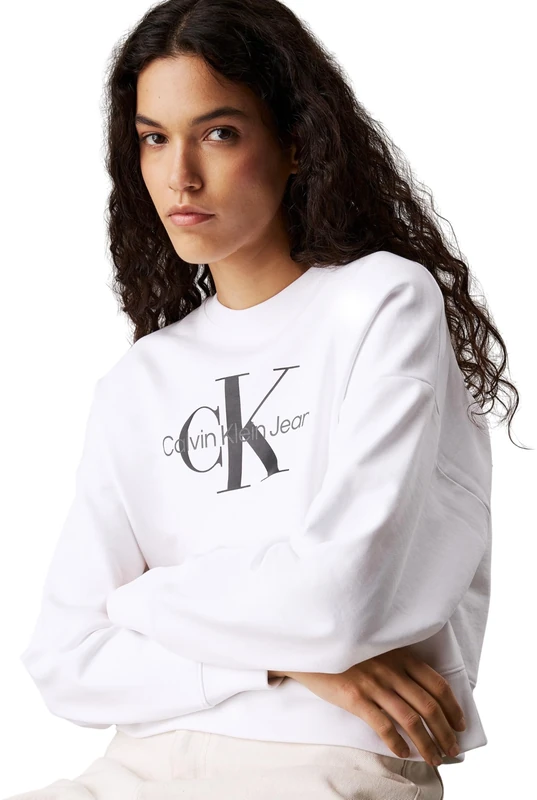 Calvin Klein Women’s Round Neck Monologo French Terry Sweatshirt, White (Brilliant White), XXS
