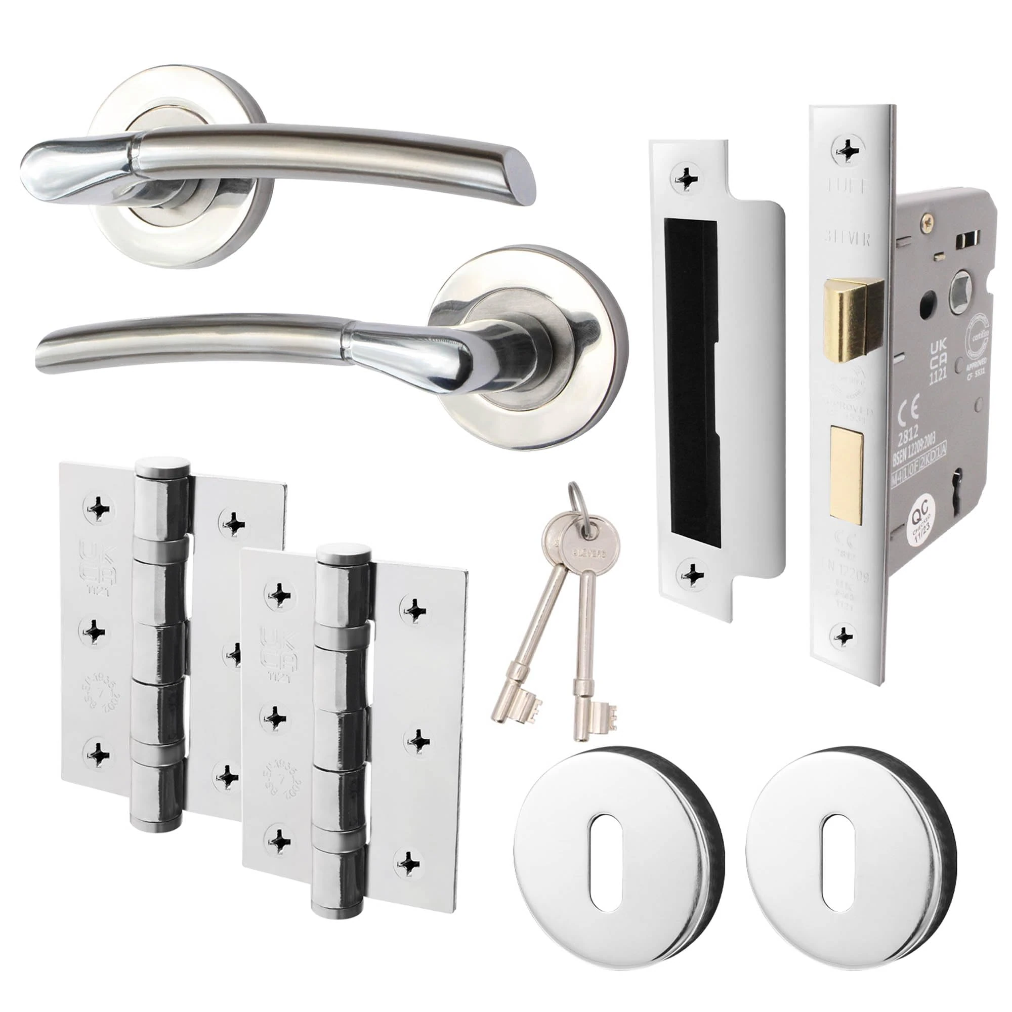 EAI Internal Door Handle Sash Lock Set Duo Finish | 1 Pair Satin Nickel and Polished Chrome Lever on Rose Round | Lock (64mm), Hinges (76mm), Pair of Escutcheons