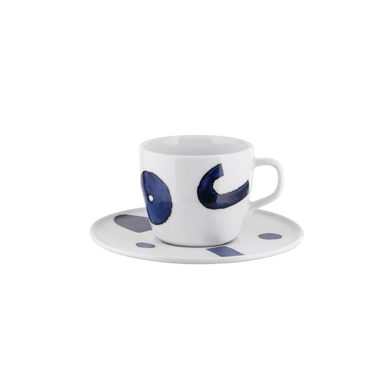 Alessi Itsumo - Yunoki Ware NF08/78S - Designer One Tea Cup Set with Saucer, Minimalist Aesthetic, in White Porcelain with Samiro Yunoki Decor, Diameter 16 cm